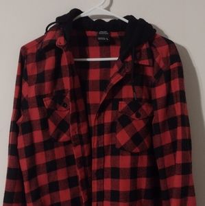 Fly Society Men's Plaid Button Down Long Sleeve Flannel Hooded Shirt Black and R